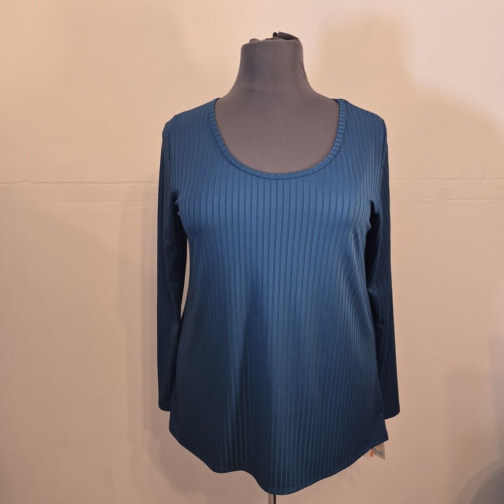 LuLaRoe Women's Lynnae Tunic Top Size 2XL Blue Ribbed Long Sleeve Shirt